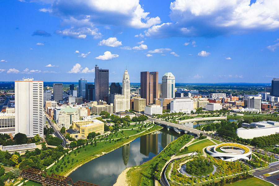 Contact - Aerial View of Downtown Columbus Ohio With Tall Buildings and Scioto River
